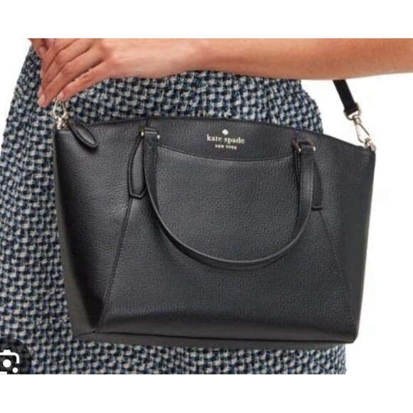 Kate Spade New York Monica Satchel – Black Pebbled Leather Handbag with Pockets - Picture 1 of 16